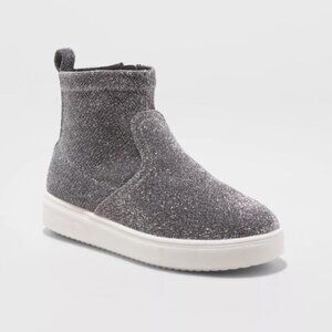 NIB Cat & Jack Girl's Annora Sock Top Metallic Silver Sneaker Boot, Size Kids 13